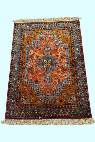 فرش دستباف 1.98متری ساربان تمام پشم کف ابریشم طرح لچ وترنج کد 070376