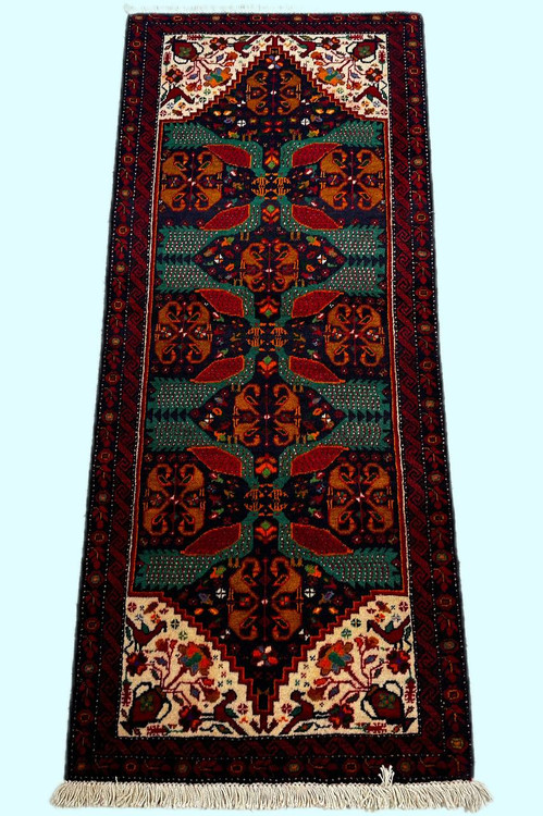 قالیچه دستباف 1متری تمام پشم طرح طاووسی بلوچ بافت رنگ طبیعی انتیک کد 0800020