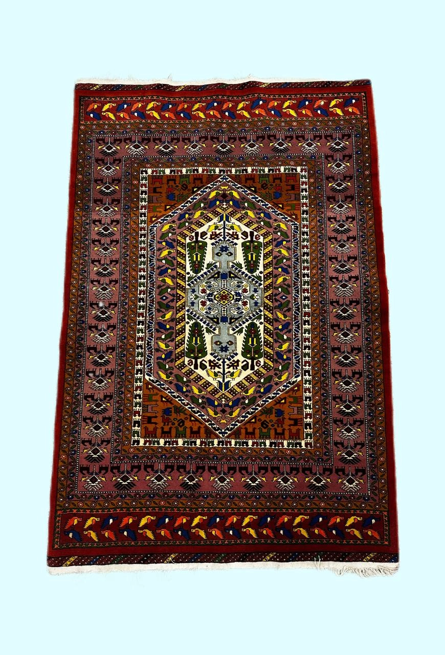 فرش دستباف 2متری تمام پشم ترنج ابریشم نقش قشقایی رنگ طبیعی کد 0700007