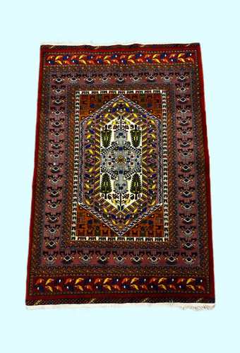 فرش دستباف 2متری تمام پشم ترنج ابریشم نقش قشقایی رنگ طبیعی کد 0700007