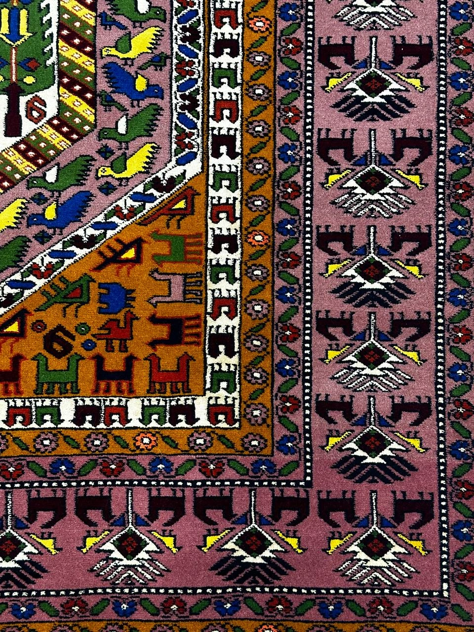 فرش دستباف 2متری تمام پشم ترنج ابریشم نقش قشقایی رنگ طبیعی کد 0700007