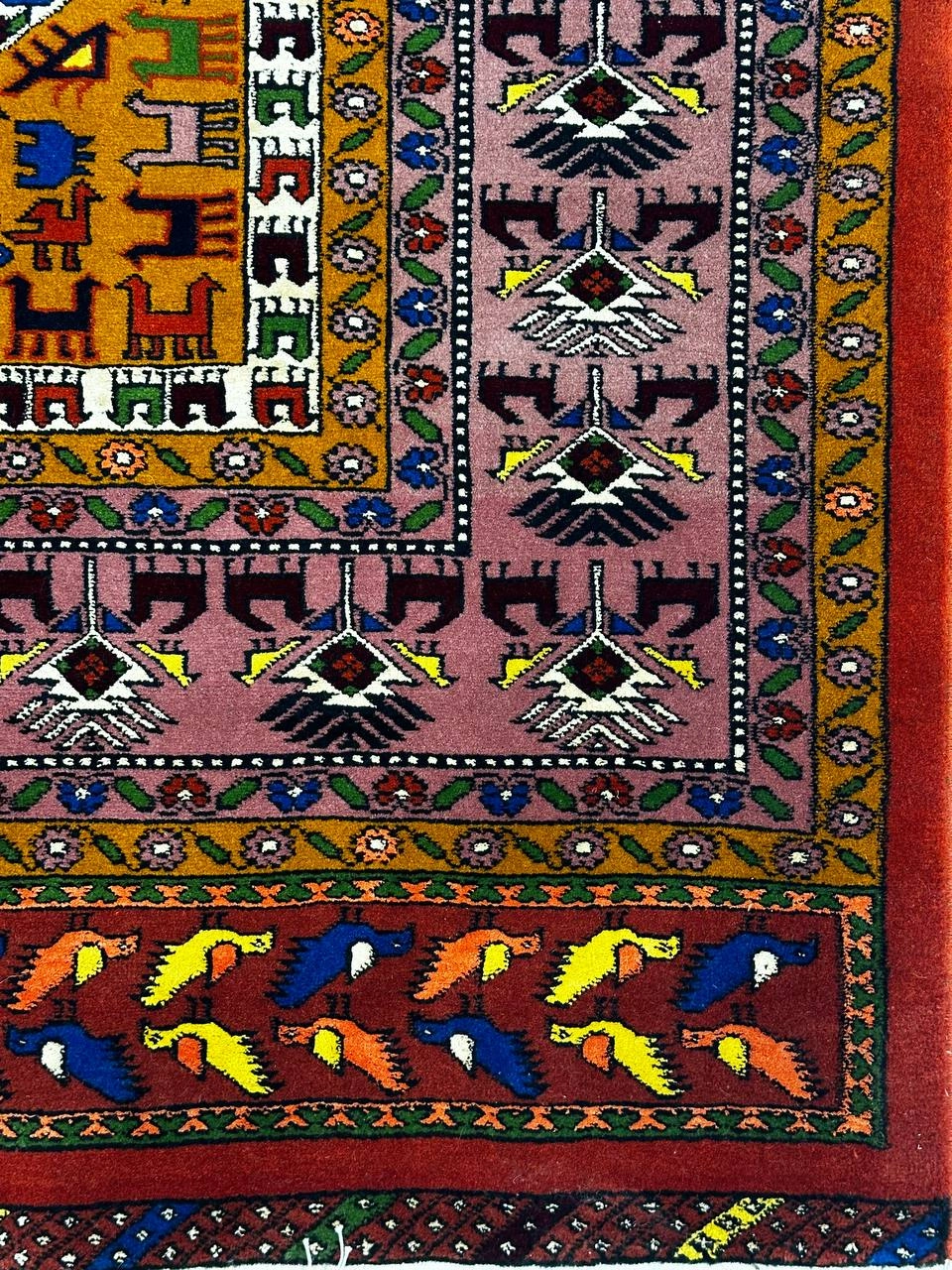 فرش دستباف 2متری تمام پشم ترنج ابریشم نقش قشقایی رنگ طبیعی کد 0700007