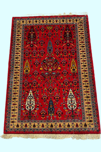 فرش دستباف 2.8متری چله و گل ابریشم نقش سروی رنگ طبیعی کد0700070