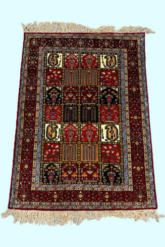 فرش دستباف 2.8 متری گل و چله ابریشم نقش بختیاری رنگ طبیعی کد 0700097