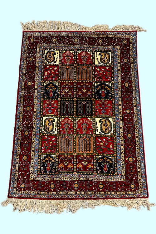 فرش دستباف 2.8 متری گل و چله ابریشم نقش بختیاری رنگ طبیعی کد 0700097