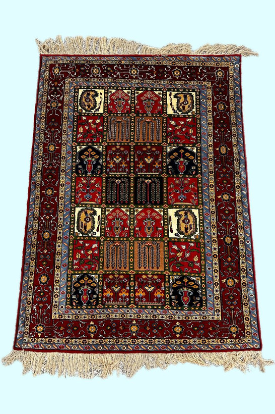 فرش دستباف 2.8 متری گل و چله ابریشم نقش بختیاری رنگ طبیعی کد 0700097