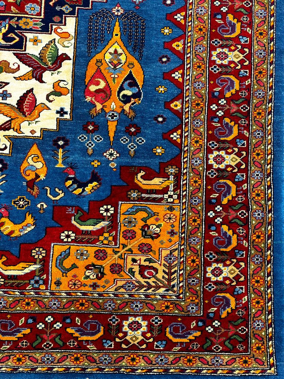 فرش دستباف 3.2متری چله و گل ابریشم قشقایی رنگ طبیعی کد 0700489