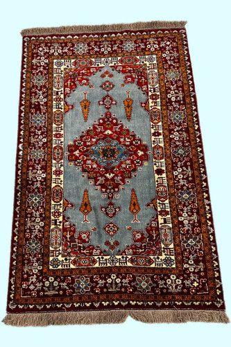 فرش دستبافت 2.8متری تمام پشم گل ابریشم نقش قشقایی رنگ طبیعی کد 0700481