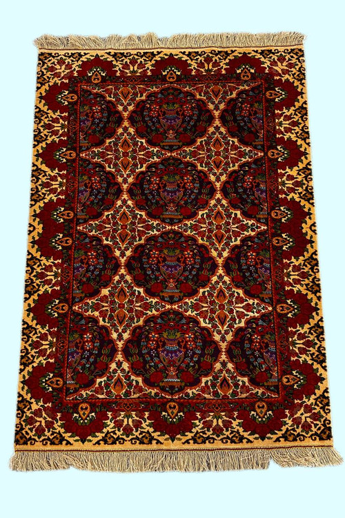 فرش دستبافت 2.76متری تمام پشم چله و گل ابریشم نقش گلدانی رنگ طبیعی کد 0700378