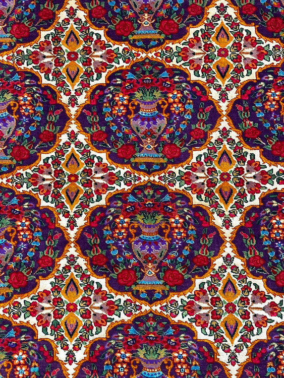 فرش دستبافت 2.76متری تمام پشم چله و گل ابریشم نقش گلدانی رنگ طبیعی کد 0700378