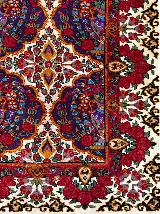 فرش دستبافت 2.76متری تمام پشم چله و گل ابریشم نقش گلدانی رنگ طبیعی کد 0700378