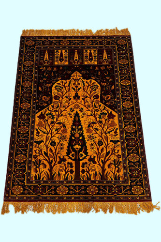 فرش دستبافت 2.8متری چله و گل ابریشم نقش سروی رنگ طبیعی کد 0700107