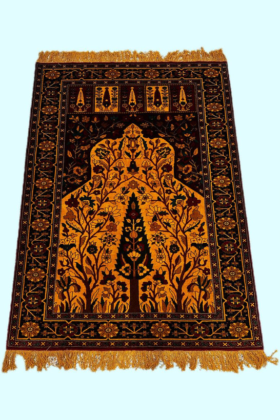 فرش دستبافت 2.8متری چله و گل ابریشم نقش سروی رنگ طبیعی کد 0700107