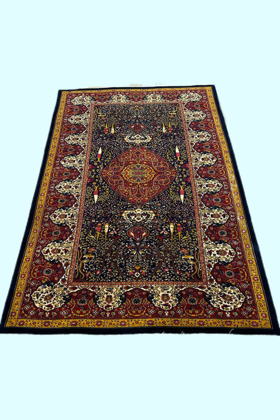 فرش دستبافت 6متری تمام پشم گل ابریشم نقش موزه ای افرینش رنگ عشایری کد 050065