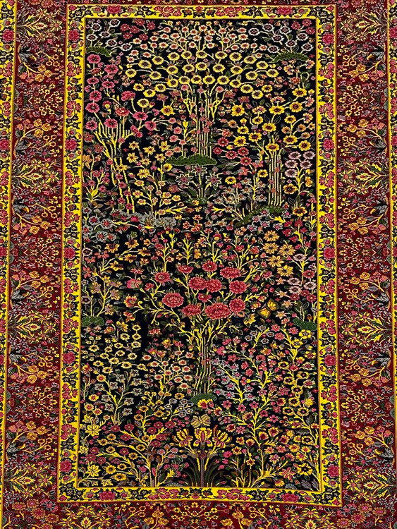 فرش دستبافت 6متری تمام پشم گل ابریشم نقش موزه ای درخت زندگانی رنگ طبیعی کد 0500078