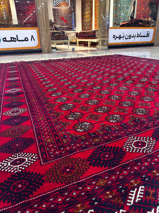 فرش دستبافت 9متری تمام پشم نقش گل مهری بافت ترکمن رنگ گیاهی کد 0400006