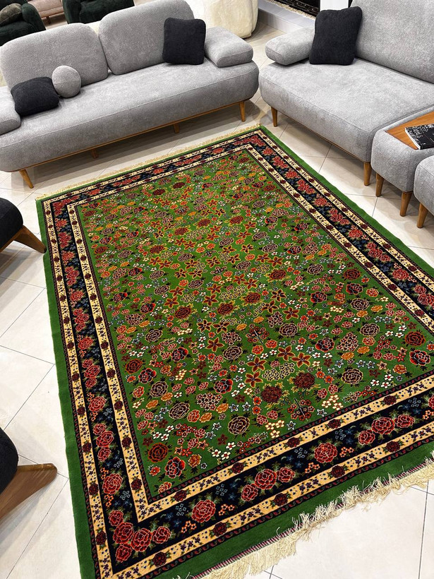 فرش دستبافت 6متری چله و گل ابریشم نقش هزارگل بافت خراسان رنگ گیاهی کد0500275