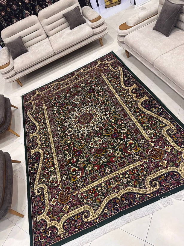 فرش دستبافت 6متری تمام پشم گل ابریشم نقش قشقایی ترنجی بافت خراسان رنگ گیاهی کد0500251