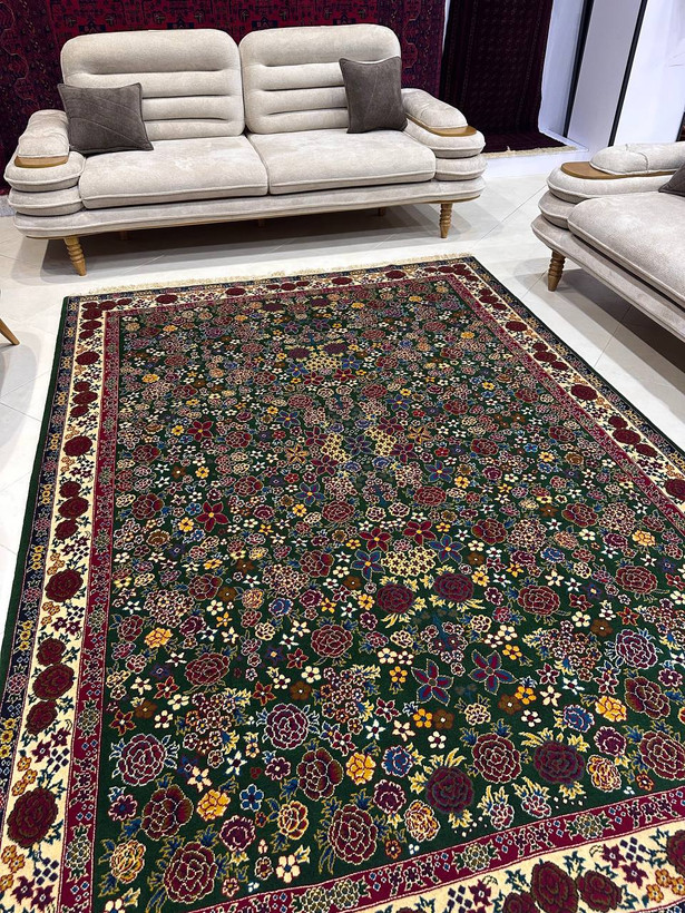 فرش دستبافت 6متری چله و گل ابریشم نقش هزارگل رنگ گیاهی کد0500285