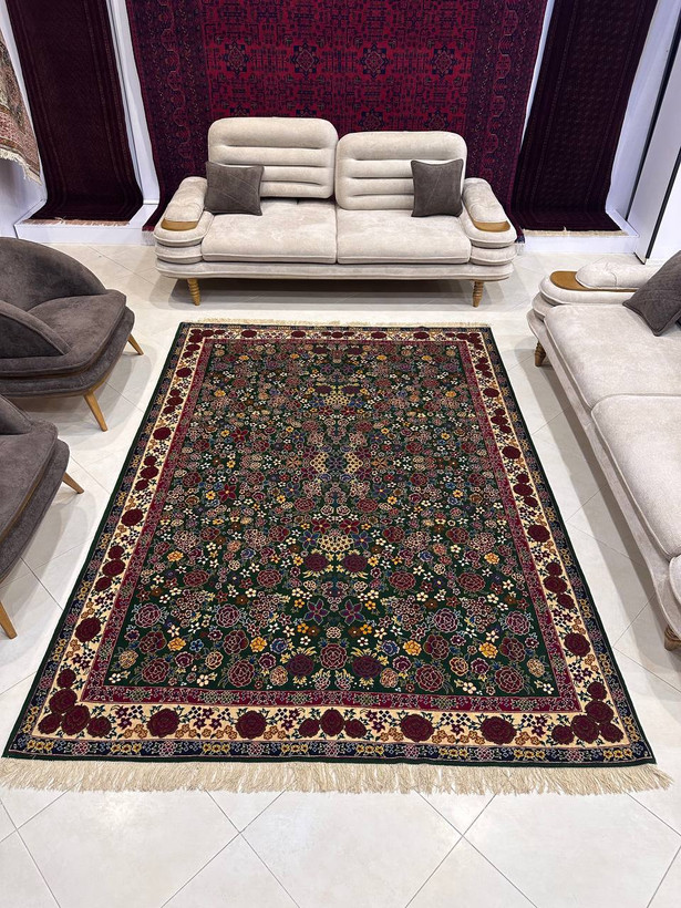 فرش دستبافت 6متری چله و گل ابریشم نقش هزارگل رنگ گیاهی کد0500285