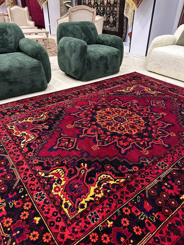 فرش دستبافت 6متری تمام پشم نقش خورشیدی بافت فردوس کارکرده رنگ گیاهی کد0500293
