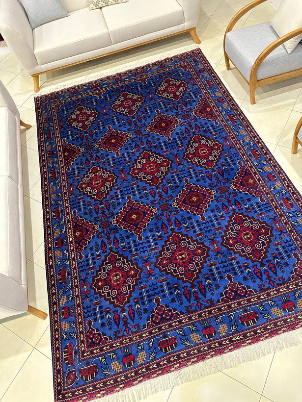 فرش دستبافت 6متری تمام کرک نقش ترنجی زمینه ابی رنگ گیاهی کد 0500164