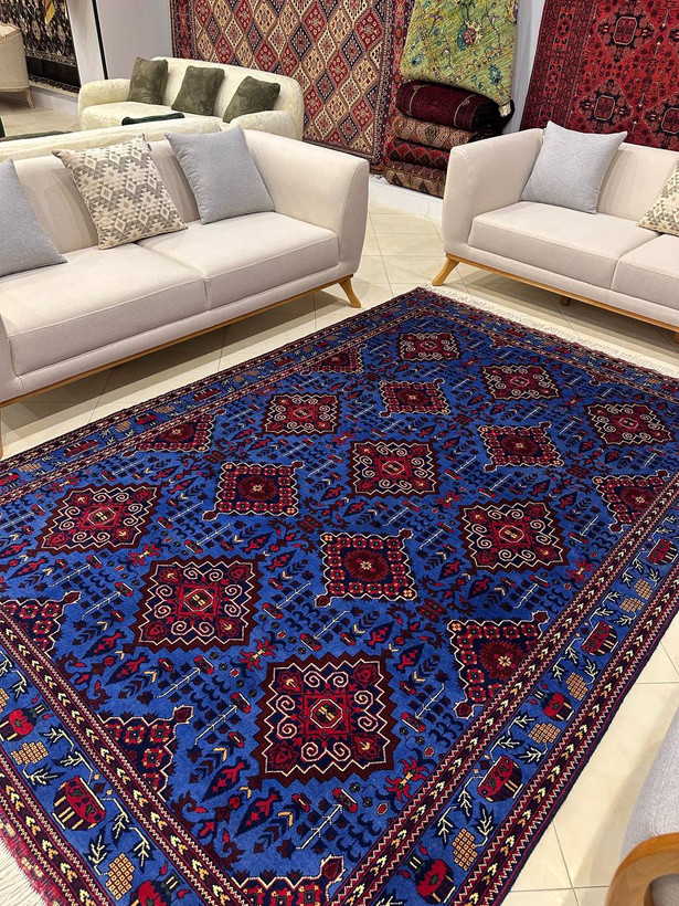 فرش دستبافت 6متری تمام کرک نقش ترنجی زمینه ابی رنگ گیاهی کد 0500164