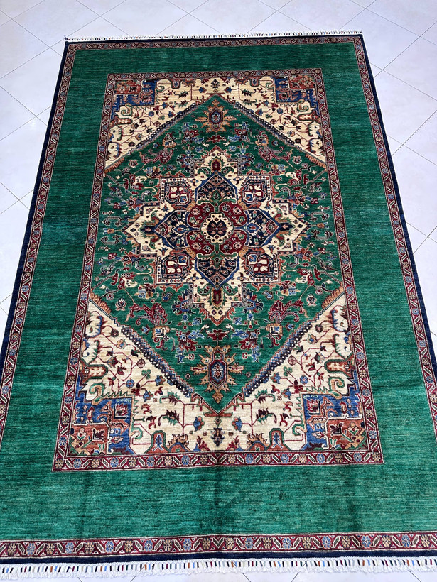 فرش دستبافت 6متری پشم دستریس تقش ترنجی حاشیه ساده رنگ گیاهی کد0500333