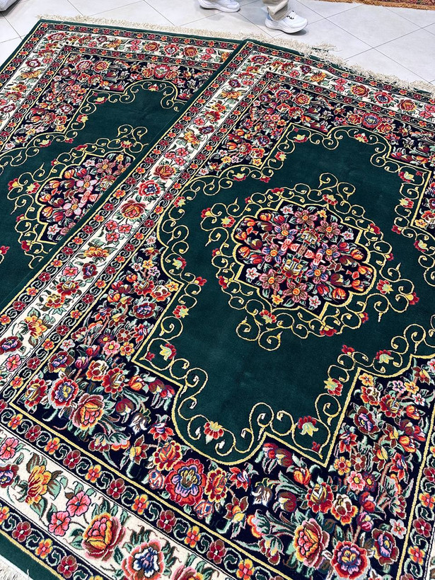 فرش دستبافت 6متری تمام پشم چله ابریشم نقش قشایی کف ساده رنگ گیاهی کد0500340