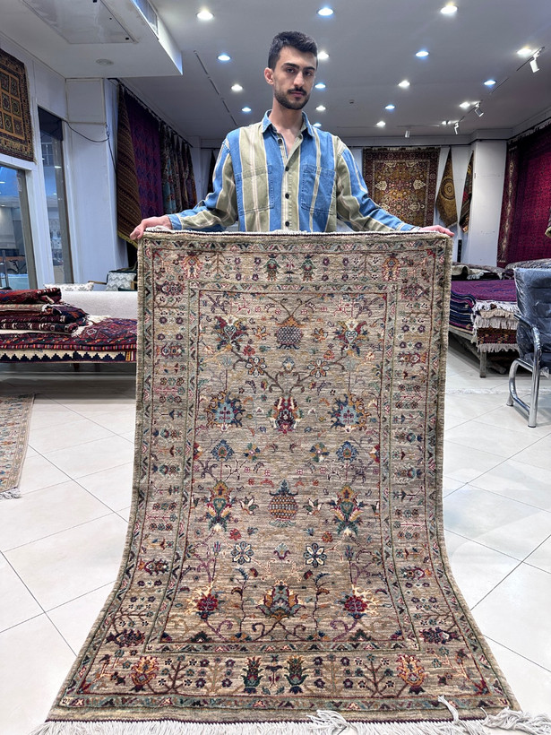 فرش دستباقت2متری تمام پشم دستریس نقش افشان رنگ گیاهی کد 0700826